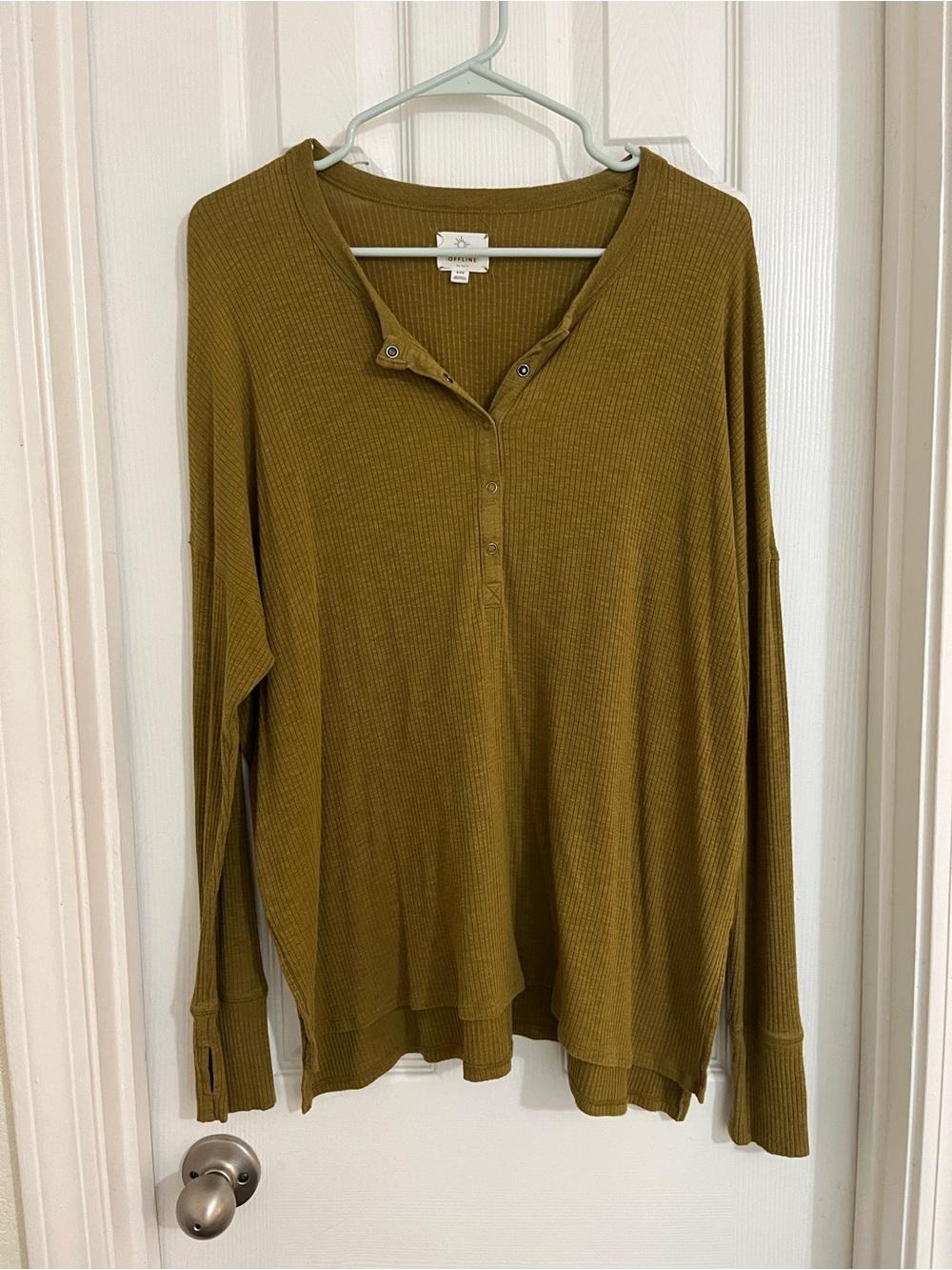Olive Green Ribbed Henley Long Sleeve Top